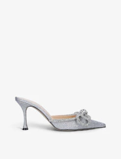Double Bow Crystal-embellished Woven Heeled Mules