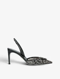 Jewel-embellished Pointed-toe Woven Slingback Heeled Courts