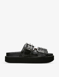 Ganni Buckle-embellished Double-strap Leather Sandals