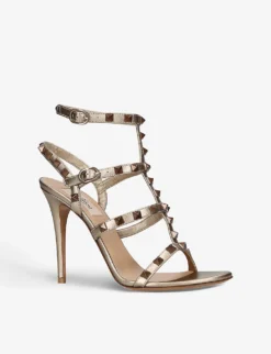 Valentino Garavani Rockstud 105 Metallic Leather Heeled Sandals -Manolo Blahnik Store R04161365 GOLD ALT02