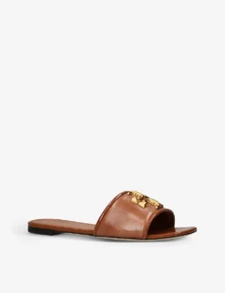 Tory Burch Eleanor Logo-plaque Leather Slides -Manolo Blahnik Store R04181164 TAN ALT02