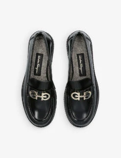 Salvatore Ferragamo Ofelia Lug Chain-embellished Leather Loafers -Manolo Blahnik Store R04182310 BLACK ALT01