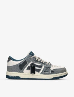 Amiri Skel Panelled Leather And Denim Low-top Trainers